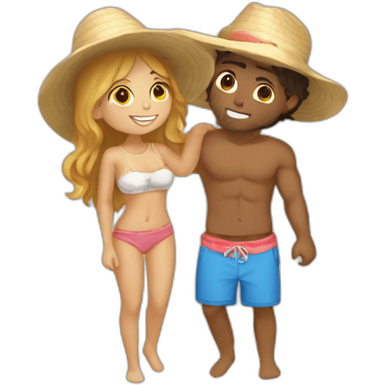 with beach clothes young metis man and white woman kiss love emoji