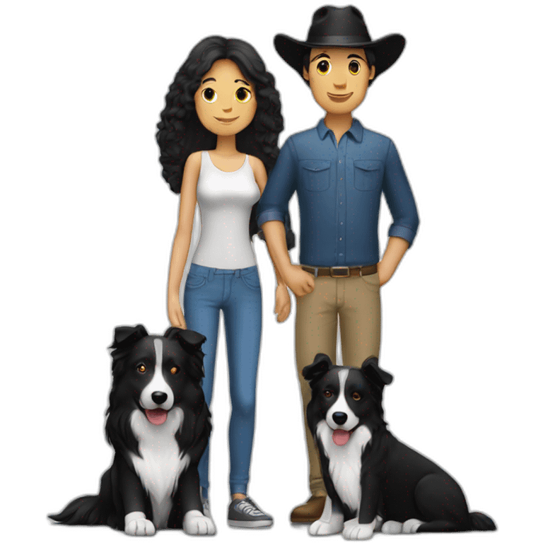 Family formed by a White man on hat and a White woman with long black hair and a small black border collie dog emoji