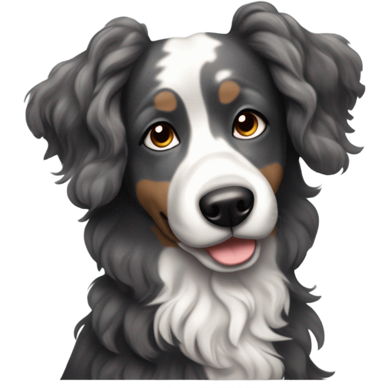 Black and dark grey merle dog with curly hair and long floppy ears and dark brown eyes emoji