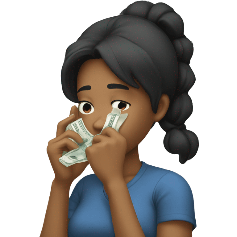 black hair girl wipes away tears with a banknote emoji