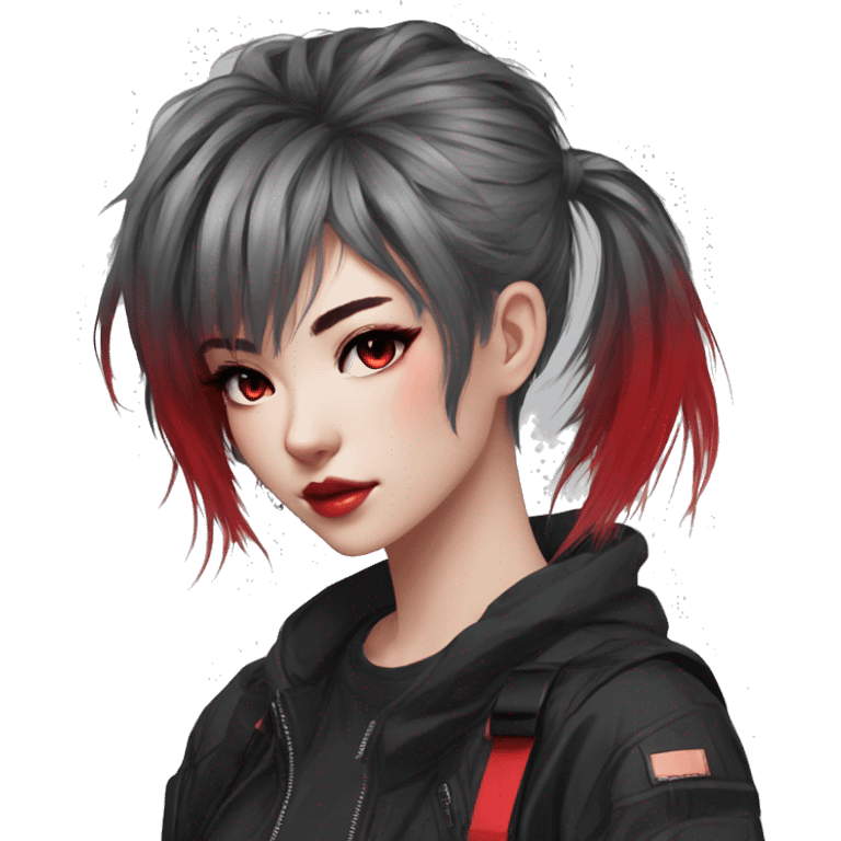 Gorgeous anime style techwear lady with blushing face aesthetic and pretty edgy black red punk hair with hair garment trending style emoji