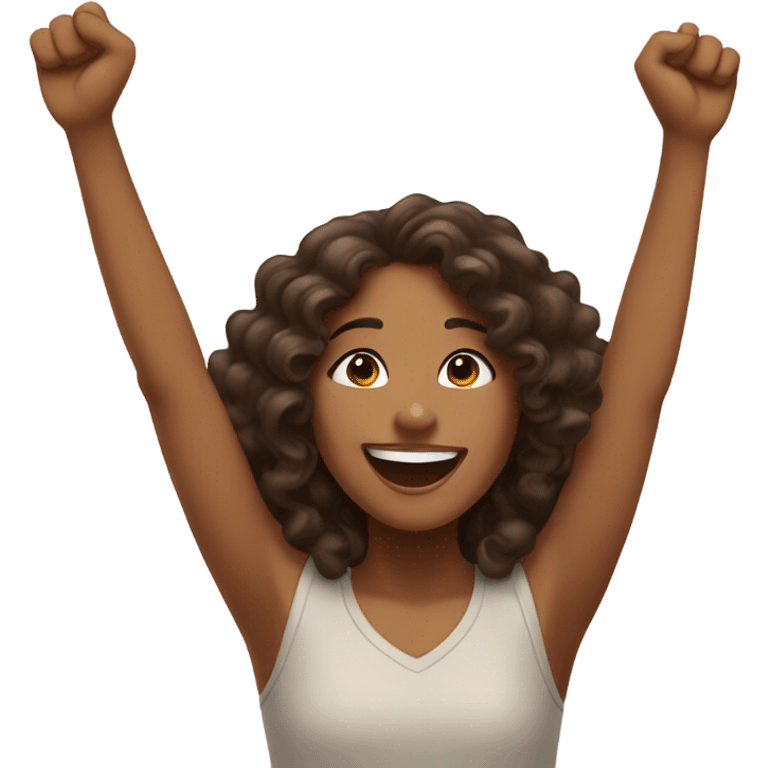 Brown girl with dark brown long curly hair saying “hooray!” emoji