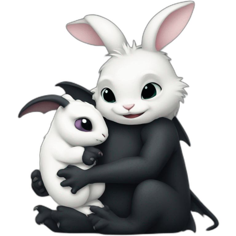 Toothless the dragon hugging a white bunny emoji