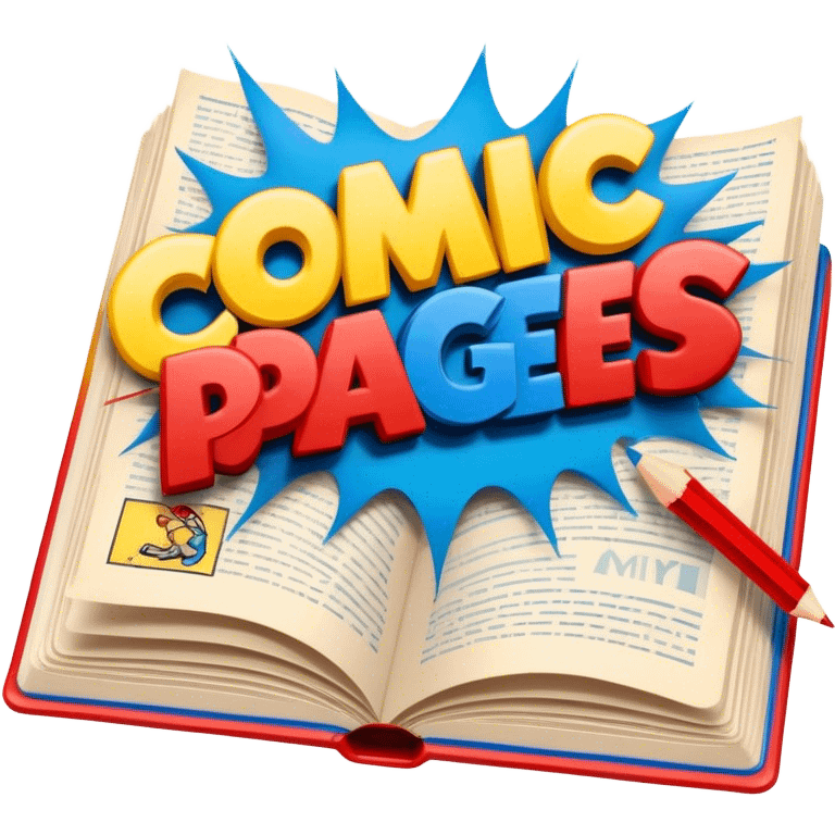 Create a vibrant emoji representing comic books and graphic novels. The design should feature a large, open comic book or vintage comic magazine with pages displaying classic comic art, with text. The comic pages should have bold, dynamic panels and action scenes. Include a pencil writing on the pages, but without a hand, to symbolize the artistic creation of comics. Use bright colors like red, blue, and yellow, with a retro feel to the design. Make the background transparent. emoji