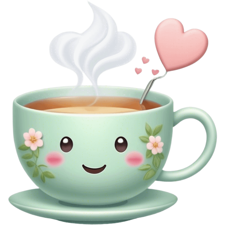 Cute Kawaii Tea Cup, steaming with warmth, a charming smiling face, soft pastel tones, delicate floral patterns, a tiny heart-shaped tea bag tag, cozy and inviting! emoji