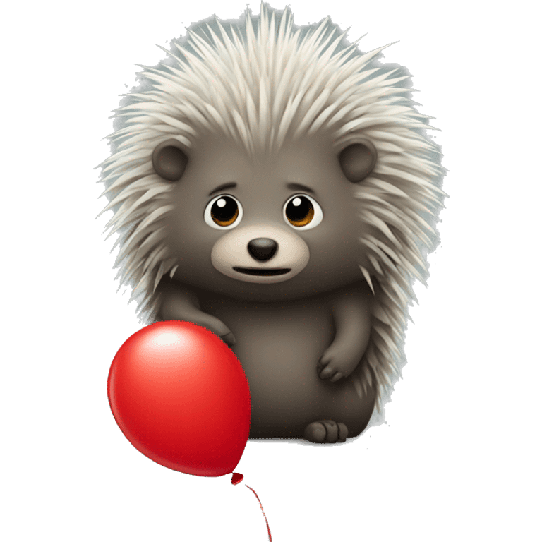 Small sad porcupine holding a big red balloon emoji