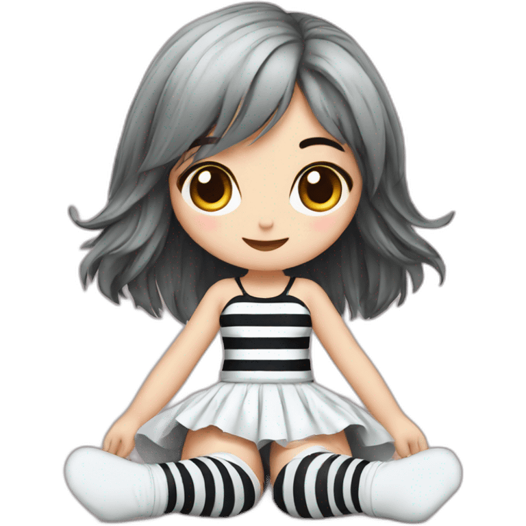 Frontal view curvy emo girl sits white skirt striped stockings hands up emoji