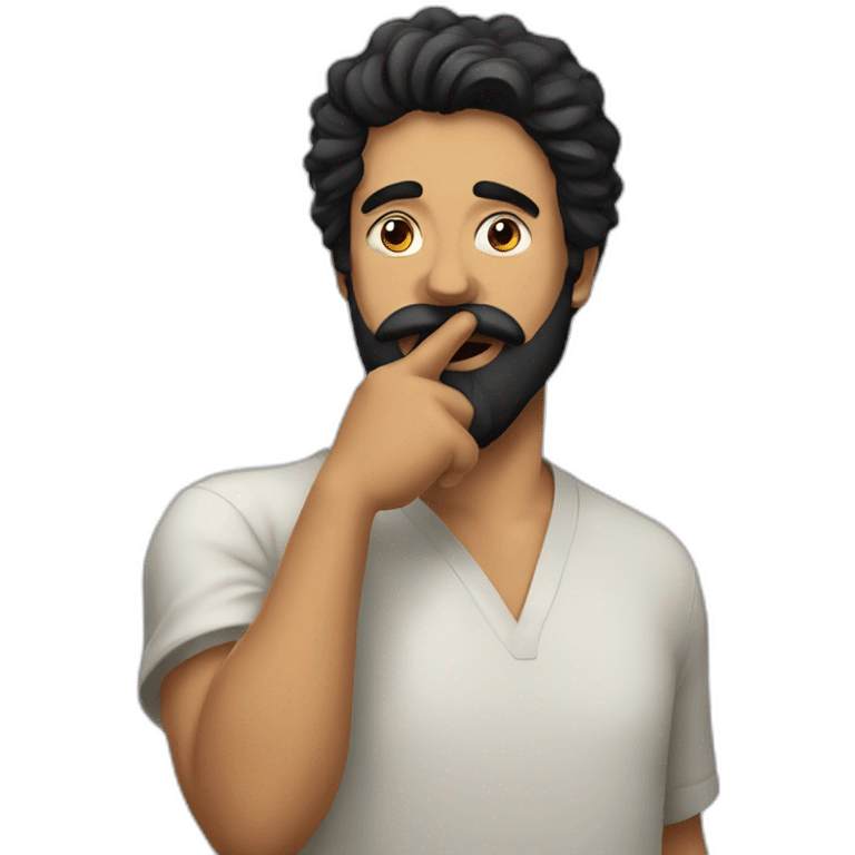 A guy with his finger in his mouth making the silence sign, black hair, beard emoji