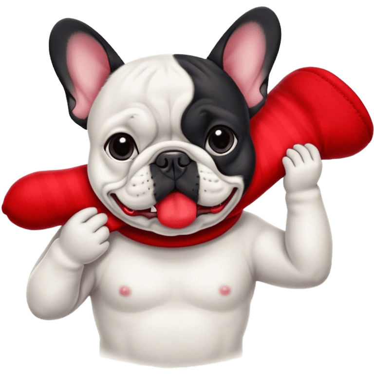 Black and white Bouledogue français eating a red sock  emoji