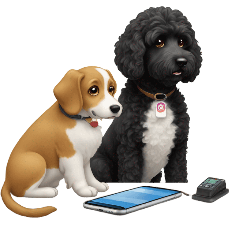 Black labradoodle texting a corgi  emoji