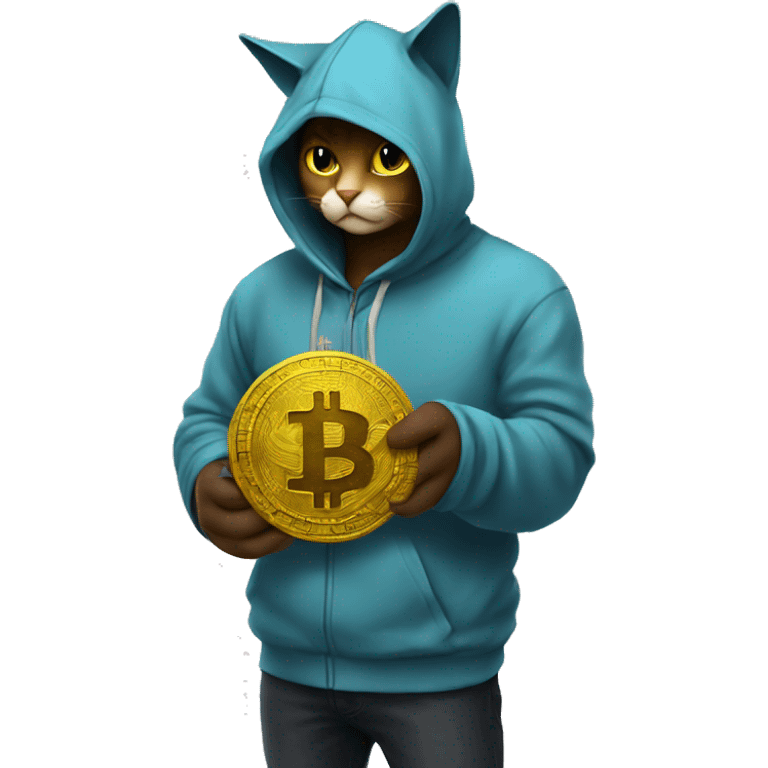 A hooded cat is holding btc in his hand  emoji