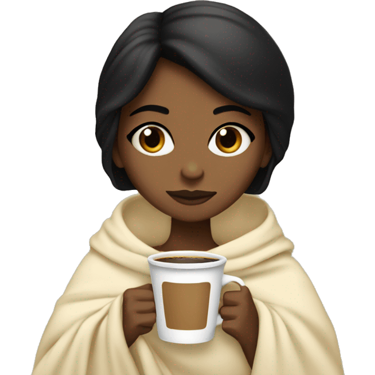 Brownskin girl with black hair and dark brown eyes wrapped in a cream colored blanket sipping coffee emoji