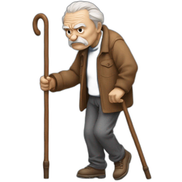 Old man leaning on a walking cane and holding his crancky back with his hand grumpy face, detailed emoji