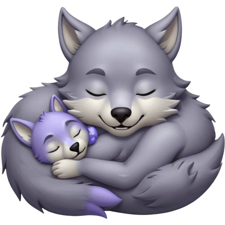 Meme-Worthy Cute Sleeping Werewolf Portrait Emoji, with a cuddly, miniature lupine form in soft moonlit grays and silvers, head resting peacefully with gently closed dreamy eyes and a small, content smile, simplified yet irresistibly endearing, highly detailed with a soft glowing outline that captures the cozy, sleepy essence of a werewolf after frolicking under the full moon! emoji