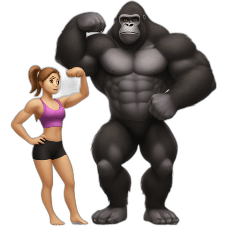 Big buff Gorilla holding a beautiful girl with a big back doing exercises emoji