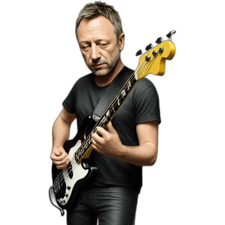 photo realistic Peter Hook from Joy Division, playing black bass guitar, standing, full body front view emoji