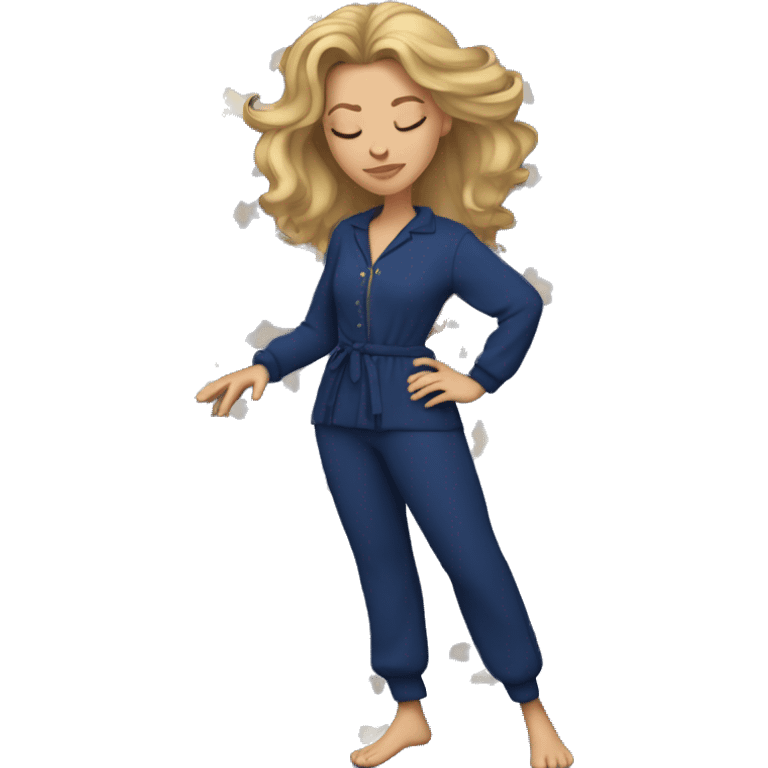 sleeping beauty but with crazy bed head that is long, and brownish blonde. she is in a matching navy blue pajama set emoji