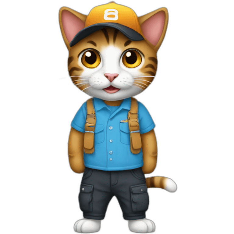 Un gato con pantalón y camisa con gorra negra emoji