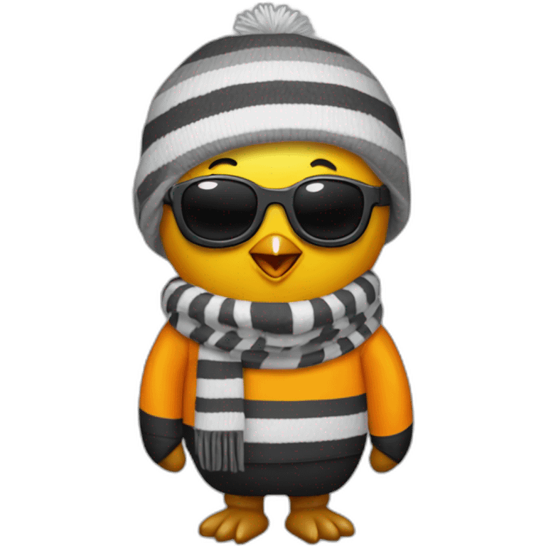 Club-Pengun-yellow penguin with black glasses dirtyblonde hair with orange tshirt and gray striped scarf emoji