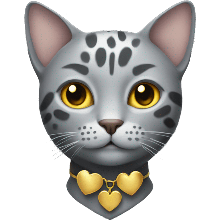 grey cat with spots with golden heart collar emoji