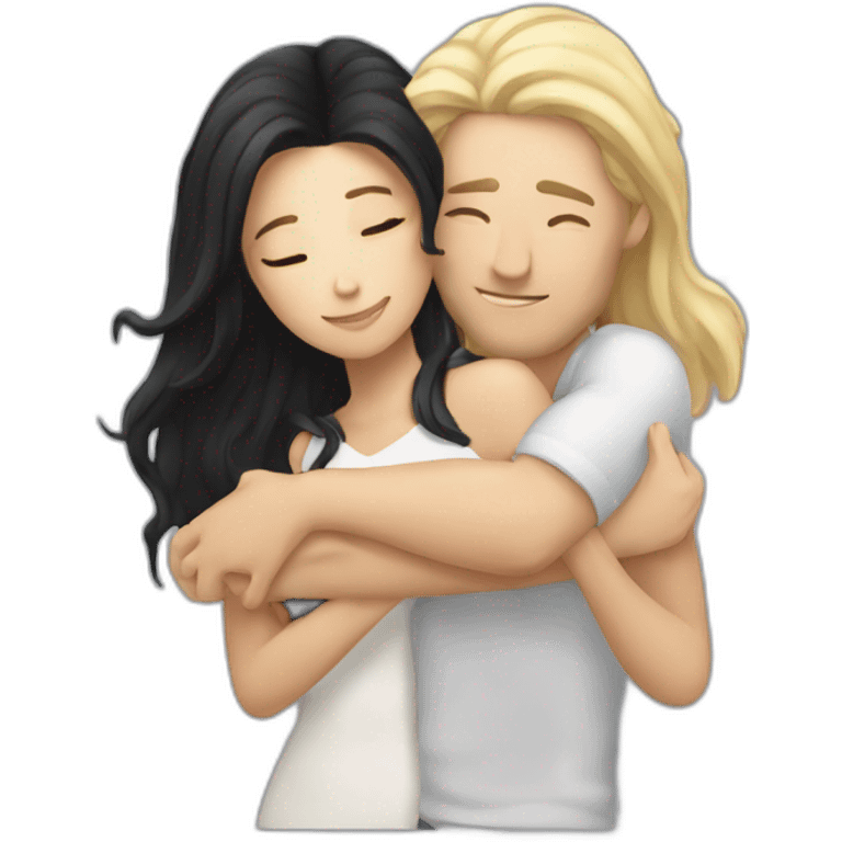 White men hug white woman with long black hair  emoji