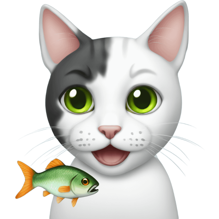 Cat green eyes eating fish emoji