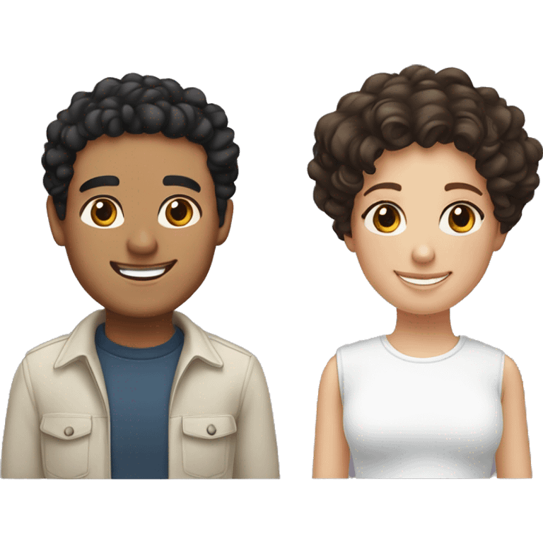 Hispanic male with black curly hair and brown eyes smiling next to white female with straight brown hair and hazel eyes emoji