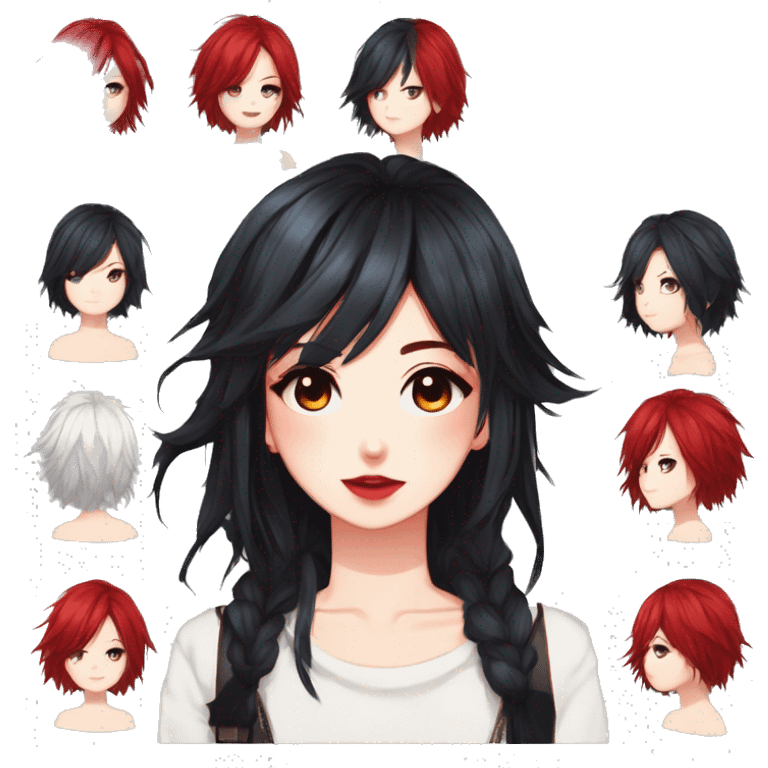 Gorgeous anime style lady with blushing face aesthetic and pretty edgy black red punk hair with hair garment trending style emoji