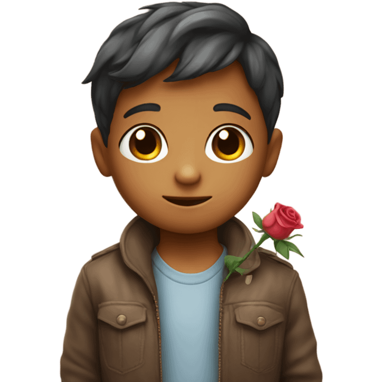 Small shy young boy with a sweet blooming rose emoji