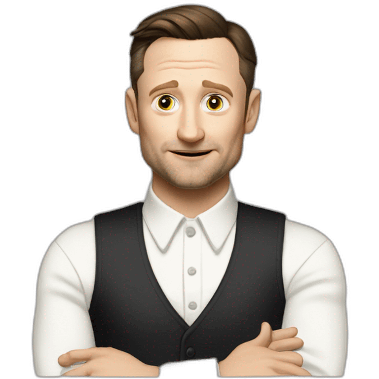 tim robinson dark black slicked back hair white long sleeve ring collar waffle shirt with a light white cream grey vest emoji