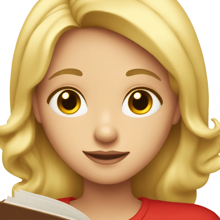 A blonde girl whit a red top whit a book making a heart emoji