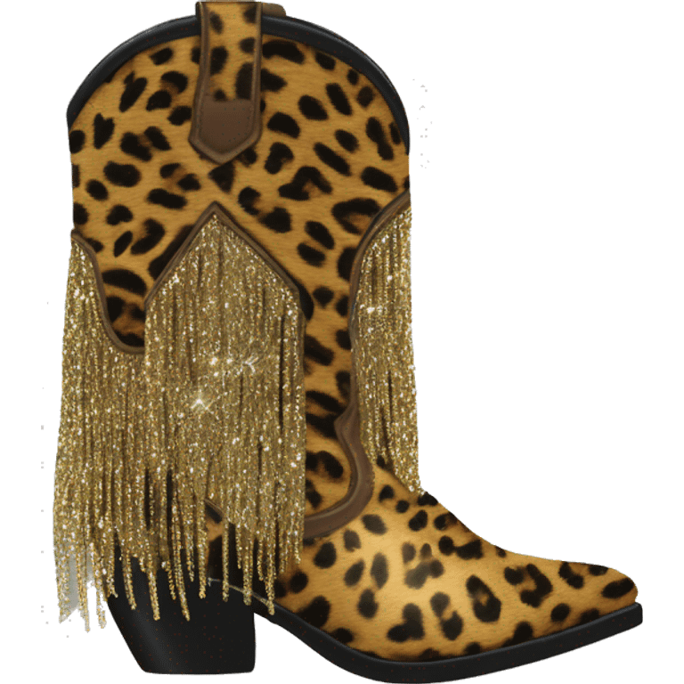 Realistic leopard print fashion cowgirl boots with sparkly shiny glitter fringe on them. emoji