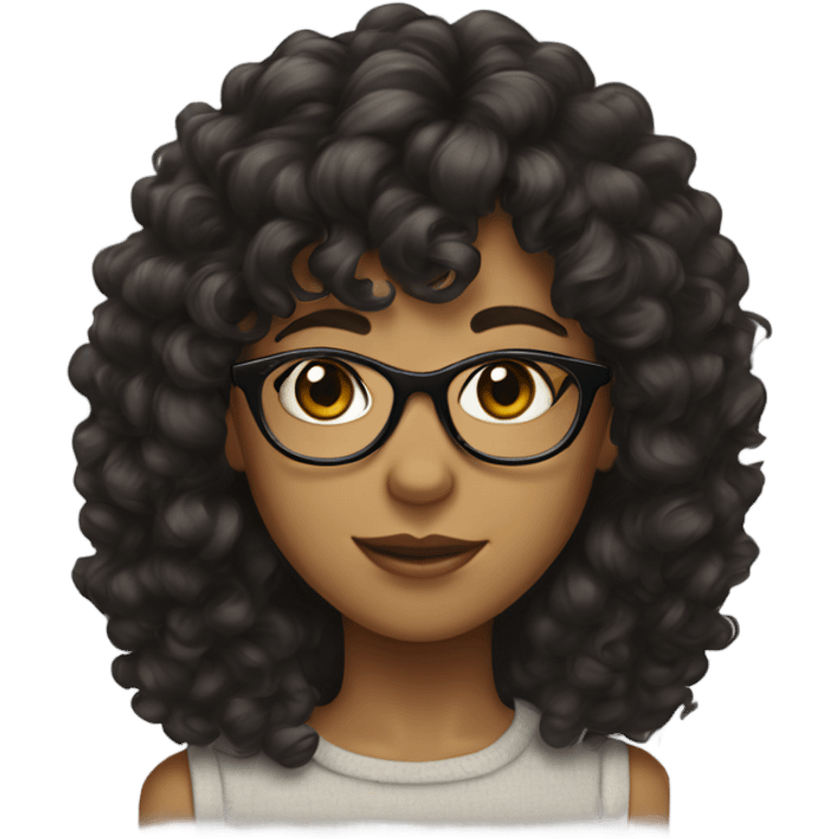 Girl with big dark brown curly hair and bangs with glasses emoji