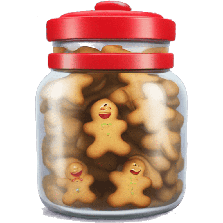 Realistic glass cookie jar with red lid full of gingerbread cookies isolated.  emoji