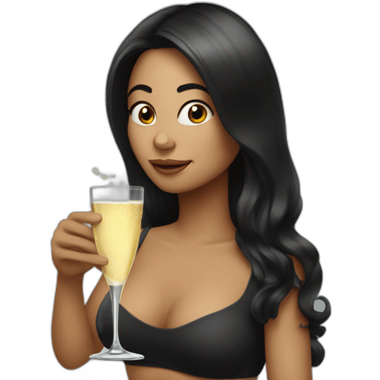 Funny woman with black long hair drinks champagne emoji