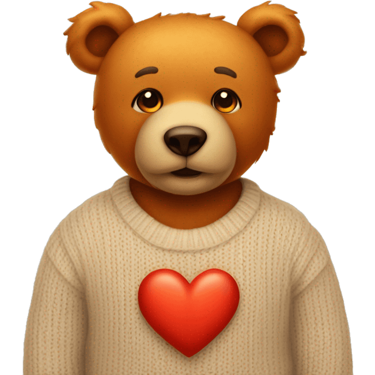 Orange eyes teddy bear wearing a beige sweater with a red heart in the middle emoji