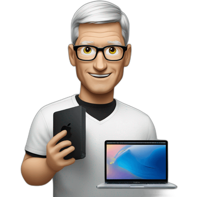 tim cook with a black macbook pro emoji