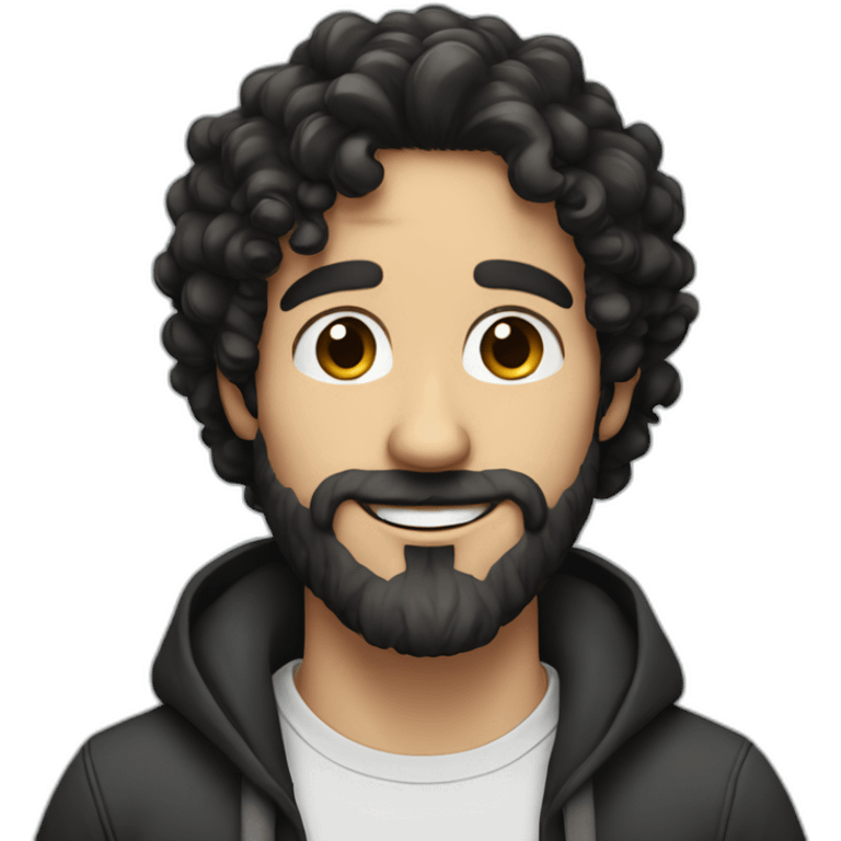 white skin guy with black long curly hair, medium beard and big nose smiling emoji