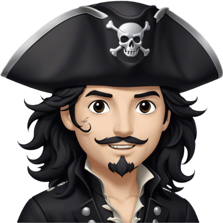 A charismatic pirate with wavy black hair tousled by the breeze. His silver-embroidered tricorn hat casts a shadow. Dark eyes glint with mischief as he looks to the side, a knowing smile on his lips. His black coat, adorned with silver buttons, shifts with the wind emoji