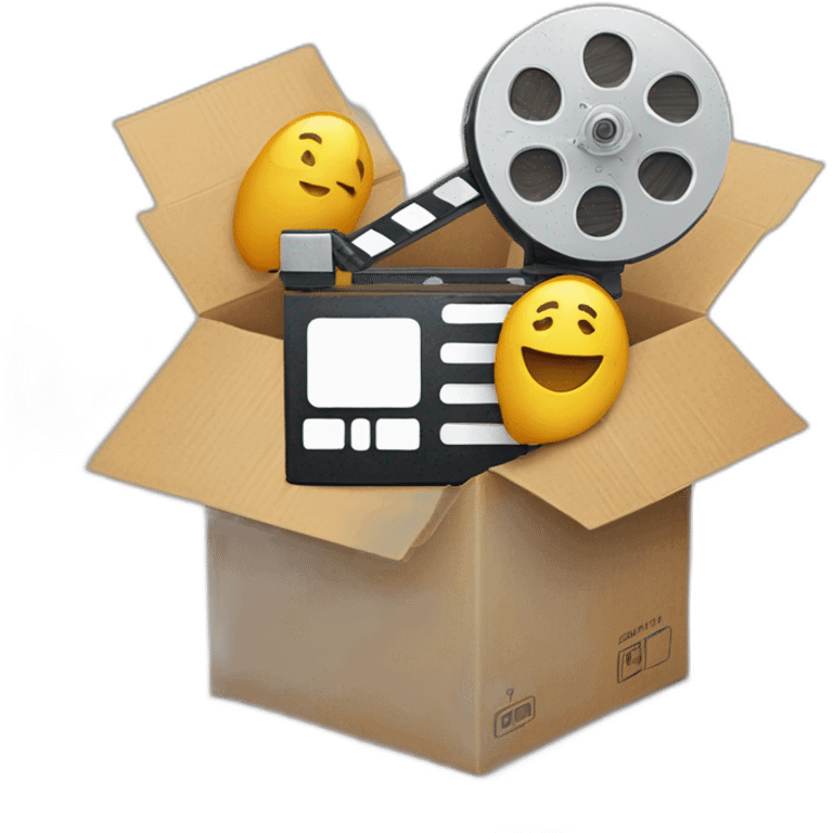 Video icons, movie camera, film, play, logos, likes, thumbs up, marks, views, coverage, applause fly out of a Cardboard box emoji