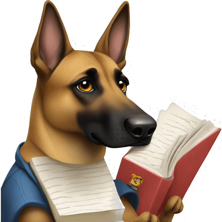 malinois prends des notes avec un livre emoji