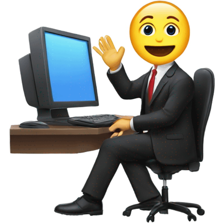 a man in a suit, sitting by a computer, waving,  emoji