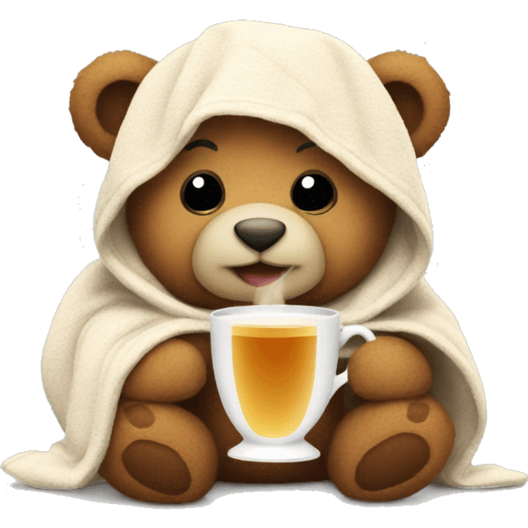 a Christmas teddy happy bear wrapped in a blanket drinks tea emoji