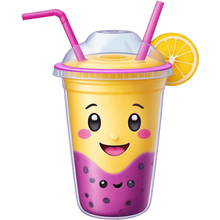 Cute Kawaii Smoothie Cup, filled with blended fruity goodness, a smiling face with excited eyes, bright colorful layers of pink, yellow, and purple, topped with a straw and tiny fruit slices! emoji