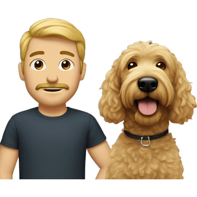 A blonde man, with a goatee and a mustache, with a black goldendoodle emoji