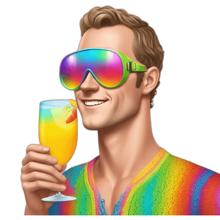 Fancy disco Jonathan Toews wearing rainbow lace shirt and wearing VR glasses and drinking a mimosa emoji