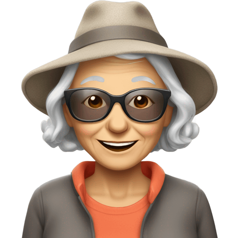 smiling younger grandma with hat and sunglasses , longer grey hair outdoors with a donkey emoji