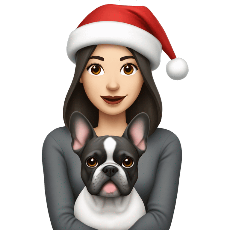 brunette woman with a dark grey French bulldog both wearing Santa hats  emoji