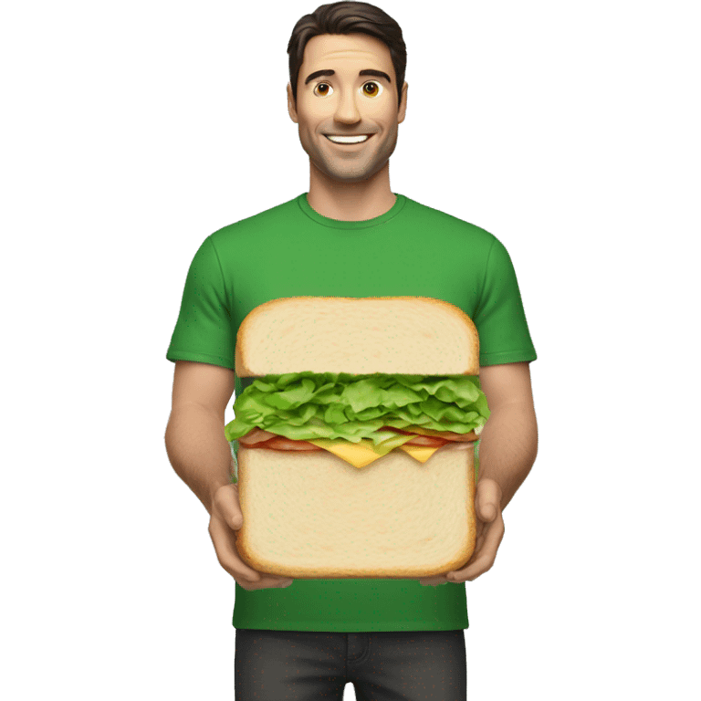 A white man with dark hair in green t-shirt holding a long small sandwich emoji