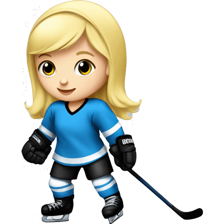 Baby girl with blond hair and blue eye, she has a helmet on her head she is playing ice hockey in black and white and yellow dress  emoji